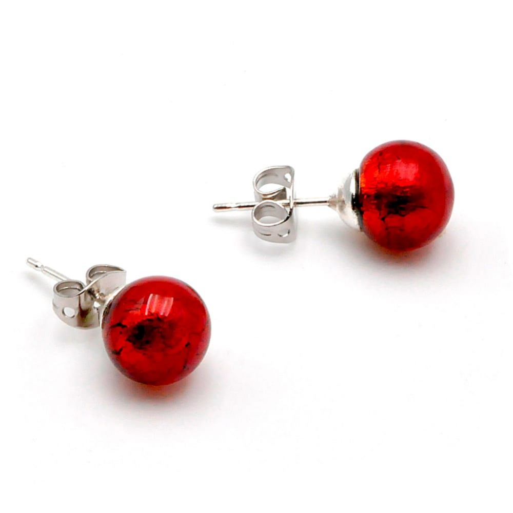 Red earrings studs - round button nail earrings genuine murano glass of venice