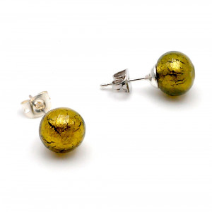 Golden dark green crystal studs - earrings round button nail genuine murano glass of venice