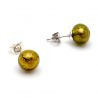 Golden dark green crystal studs - earrings round button nail genuine murano glass of venice