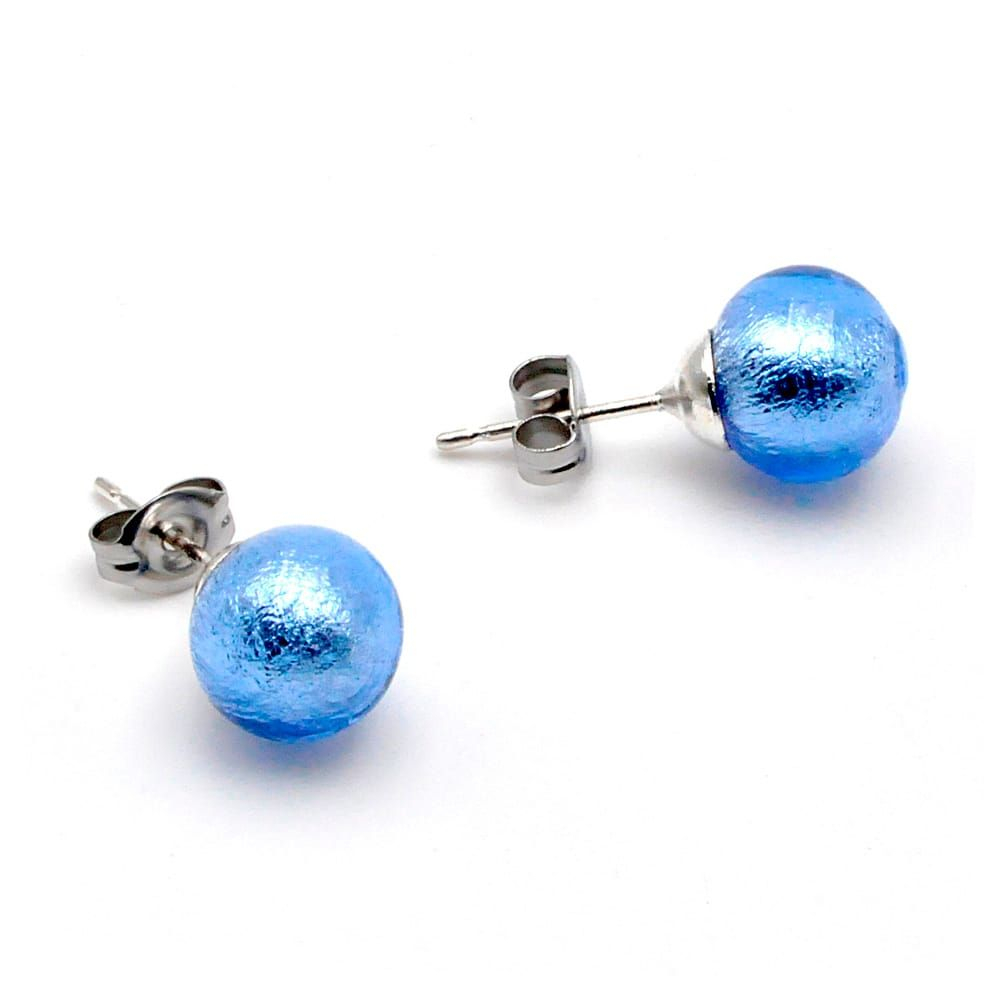 Blue ocean studs - earrings round button nail genuine murano glass of venice