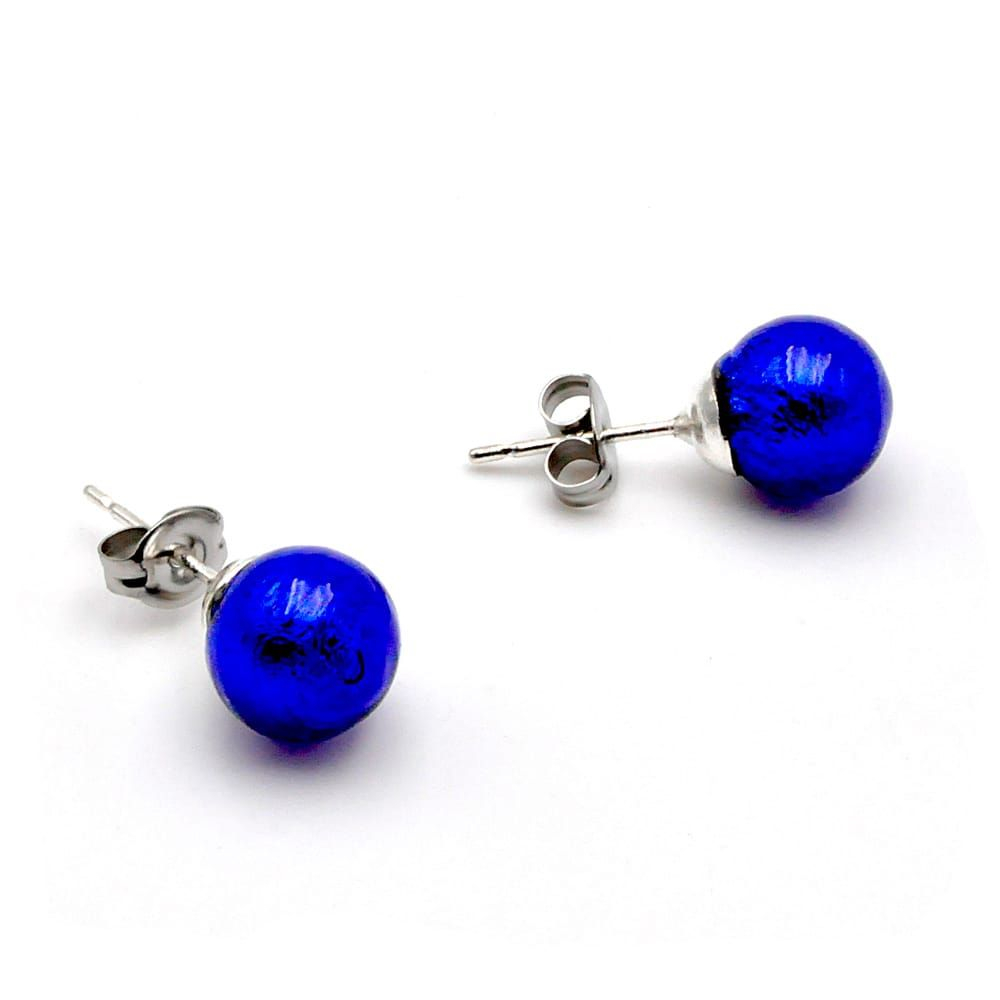 Cobalt blue studs - earrings round button nail genuine murano glass of venice