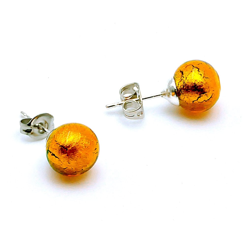 Amber earrings studs - round button nail genuine murano glass of venice