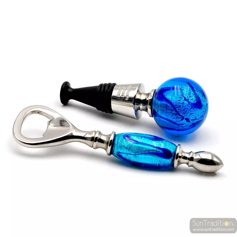 Blue murano glass kit bottle stopper and opener 
