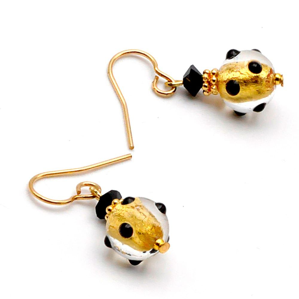 Jojo mini preto e ouro com pontos - brincos de vidro murano preto e ouro de veneza
