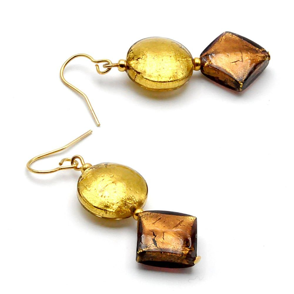 Borboleta longos ouro - brincos de vidro murano ouro e castanho de veneza