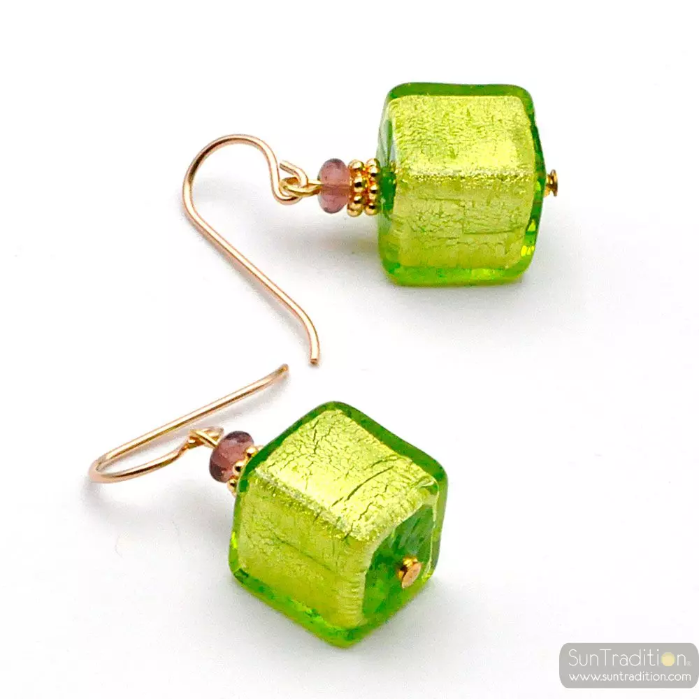 America green lime - green and gold earrings genuine murano glass venice