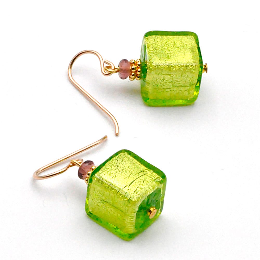 Green and gold earrings genuine murano glass venice