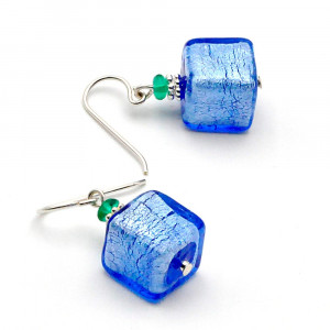 America cubes bleu argent - boucles d'oreilles bleues bijou en veritable verre de murano de venise