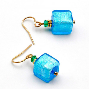 America bleu or - boucles d'oreilles bleues en veritable bijou verre de murano de venise