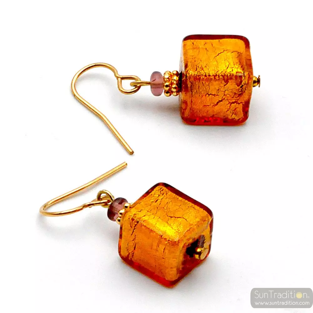 America amber - amber and gold earrings genuine murano glass of venice