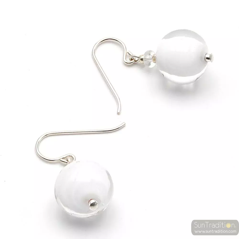 White ball - white earrings genuine venice murano glass
