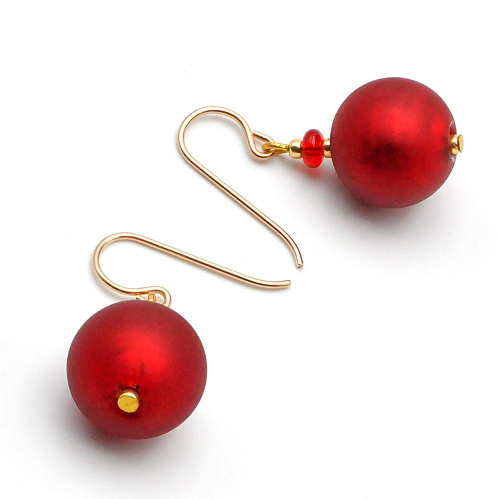 Ball satin rouge - boucles d'oreilles rouge bijoux en veritable verre de murano de venise