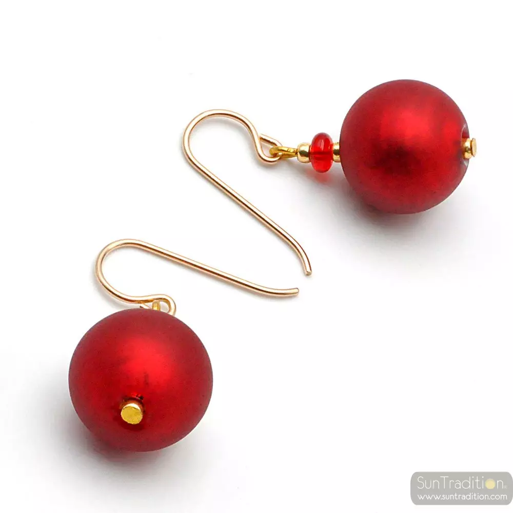 Ball satin red - red murano glass earrings genuine venice