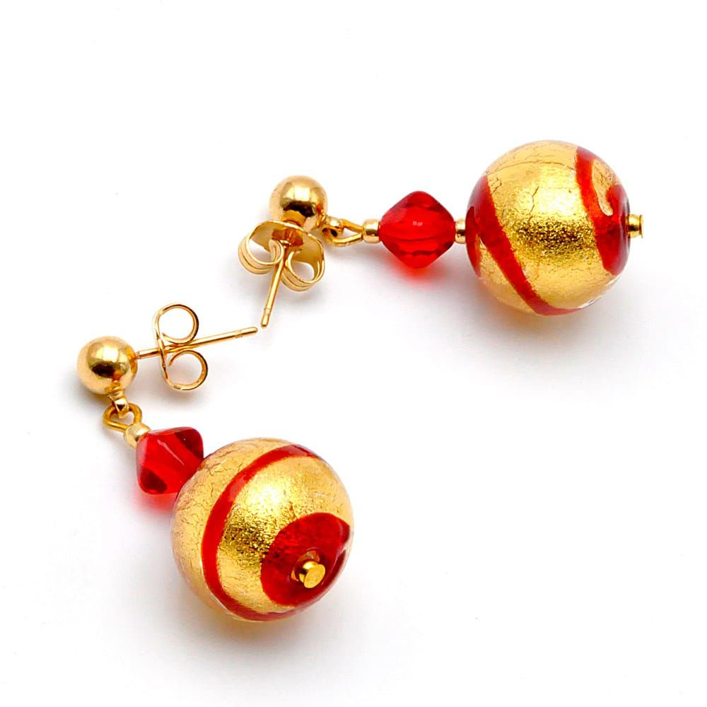 Rumba - punainen korvakorut punainen ja kulta helmi, aito muranon lasia venetsiasta