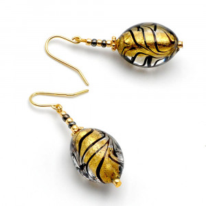 Fenicio olive or et noir - boucles d'oreilles or bijou en veritable verre de murano de venise