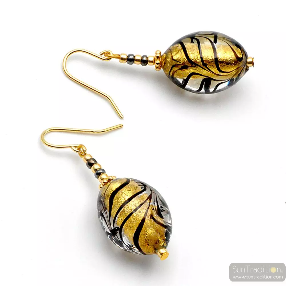 Fenicio olive black gold - gold murano glass earrings of venice