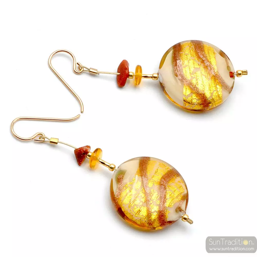 Caramel panna - gold murano glass drop earrings genuine venice murano glass