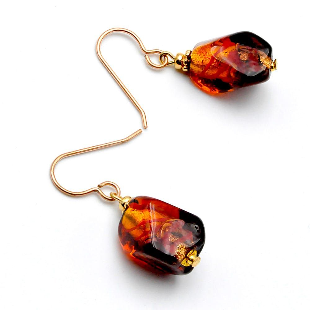 Sasso twee toon oranje - oorbellen van murano glas amber en rood
