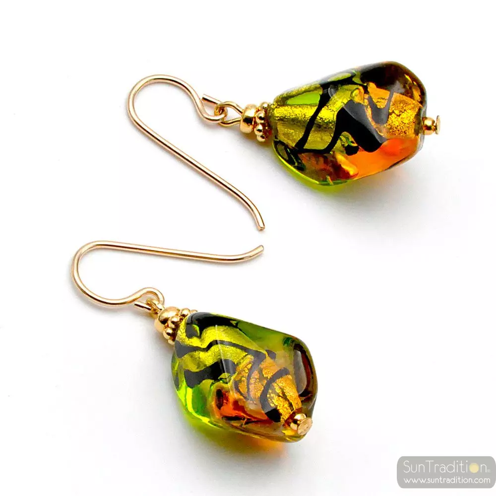 Sasso bicolor green and amber - green amber murano glass earrings 