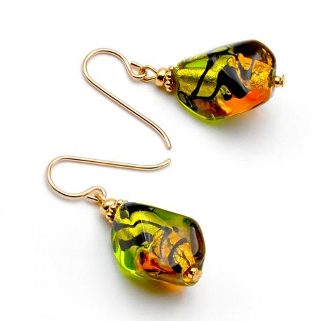 Boucles d'oreilles en verre de murano vert et ambre