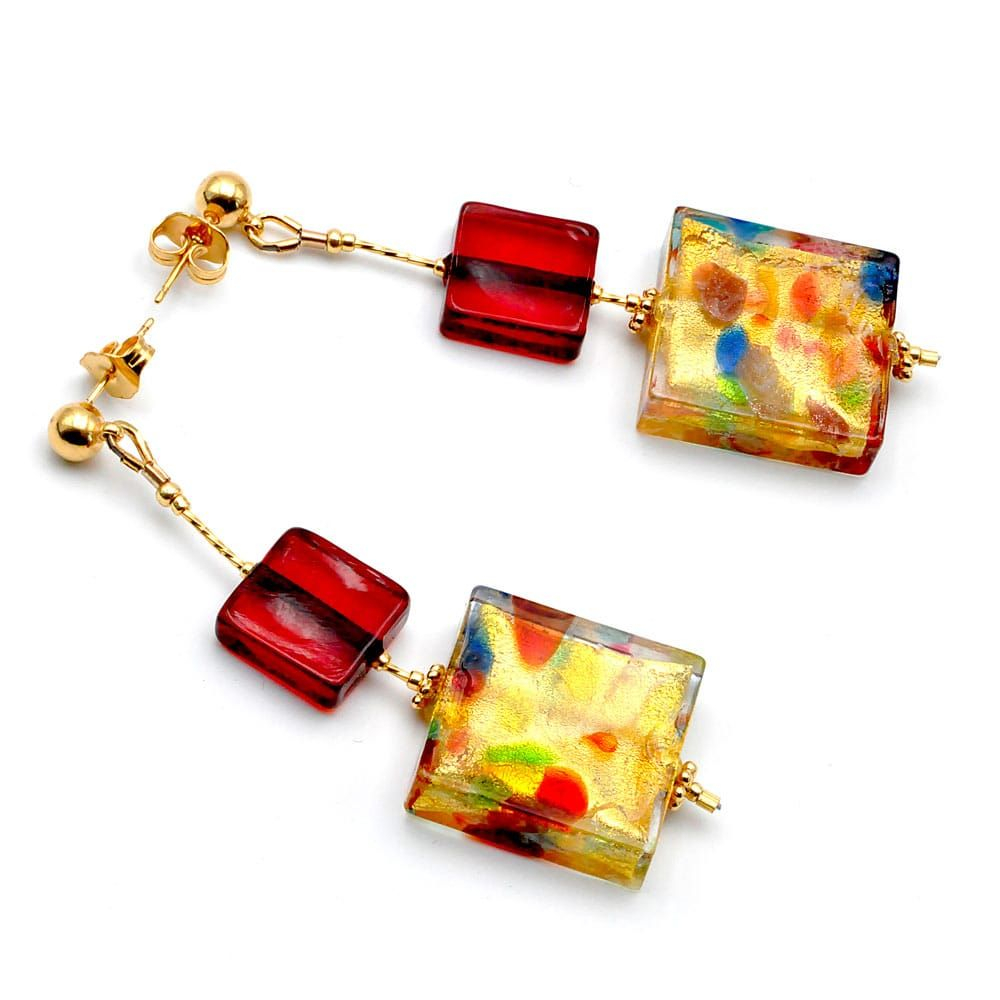 Coriandolo vermelho - brincos de vidro murano dois quadrados vermelho de veneza