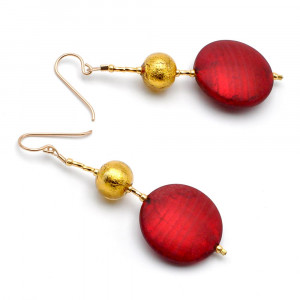 Francy red satin - red murano glass drop earrings genuine venice glass