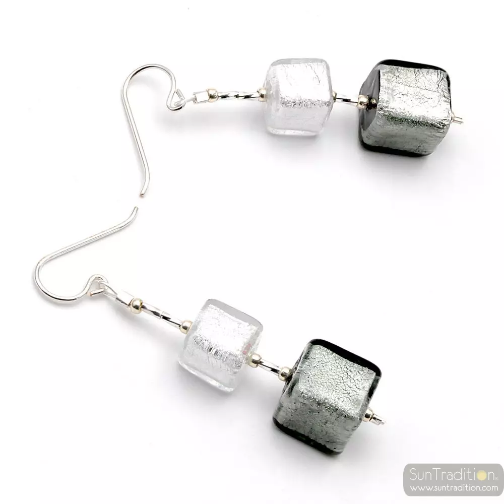Cubes degrades argent - boucles d'oreilles pendantes argent bijou en veritable verre de murano de venise