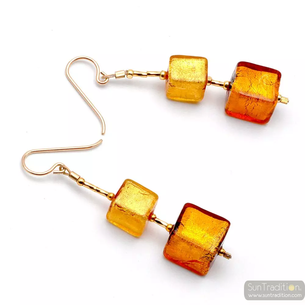 Gradiant gold cubes - gold cubes murano glass drop earrings genuine venice glass