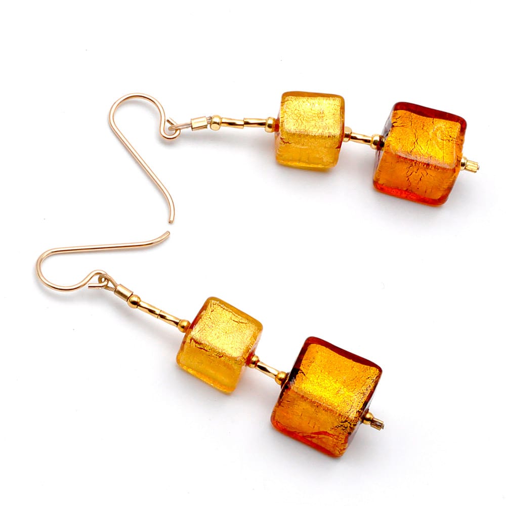 Gold cubes murano glass drop earrings
