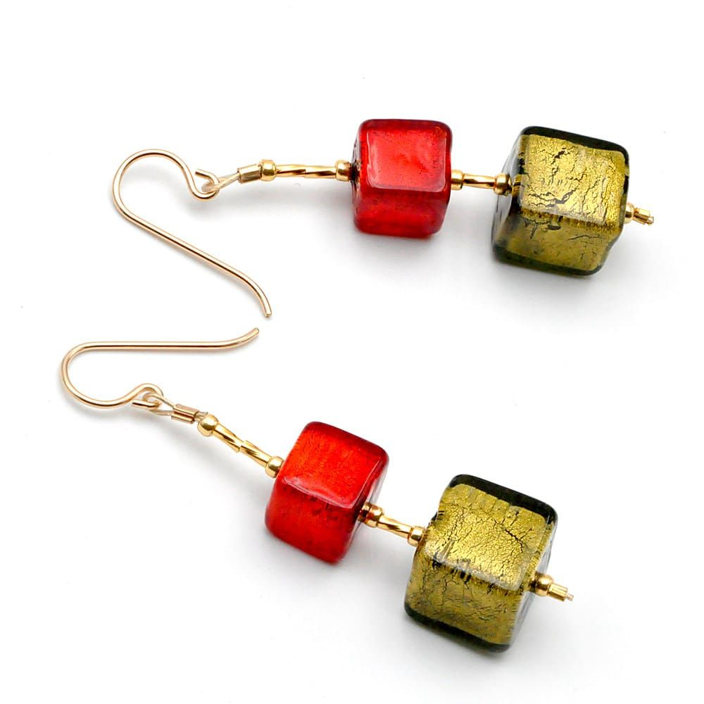 Cubes degrades rouge et vert - boucles d'oreilles pendantes rouge bijoux en veritable verre de murano de venise