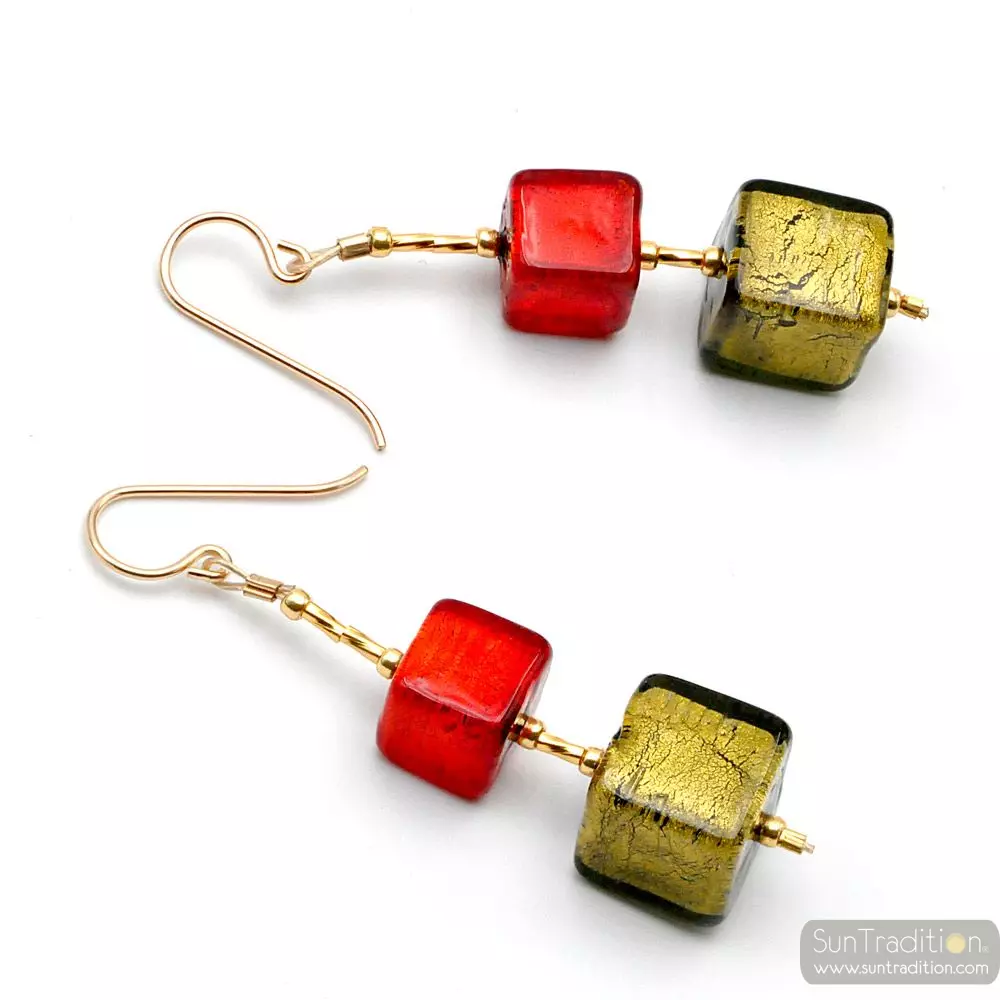  gradiant red and green cubes - red and green murano glass drop earrings venice