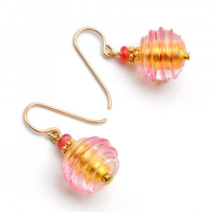 Jo-jo rose et or - boucles d'oreilles rose bijoux en veritable verre de murano de venise