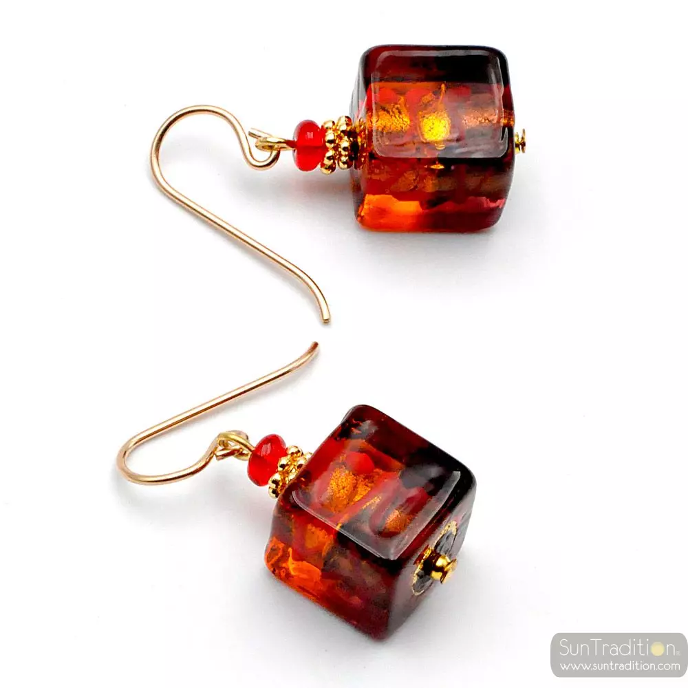 Cube bicolor red - red and amber murano glass earrings cube bicolor