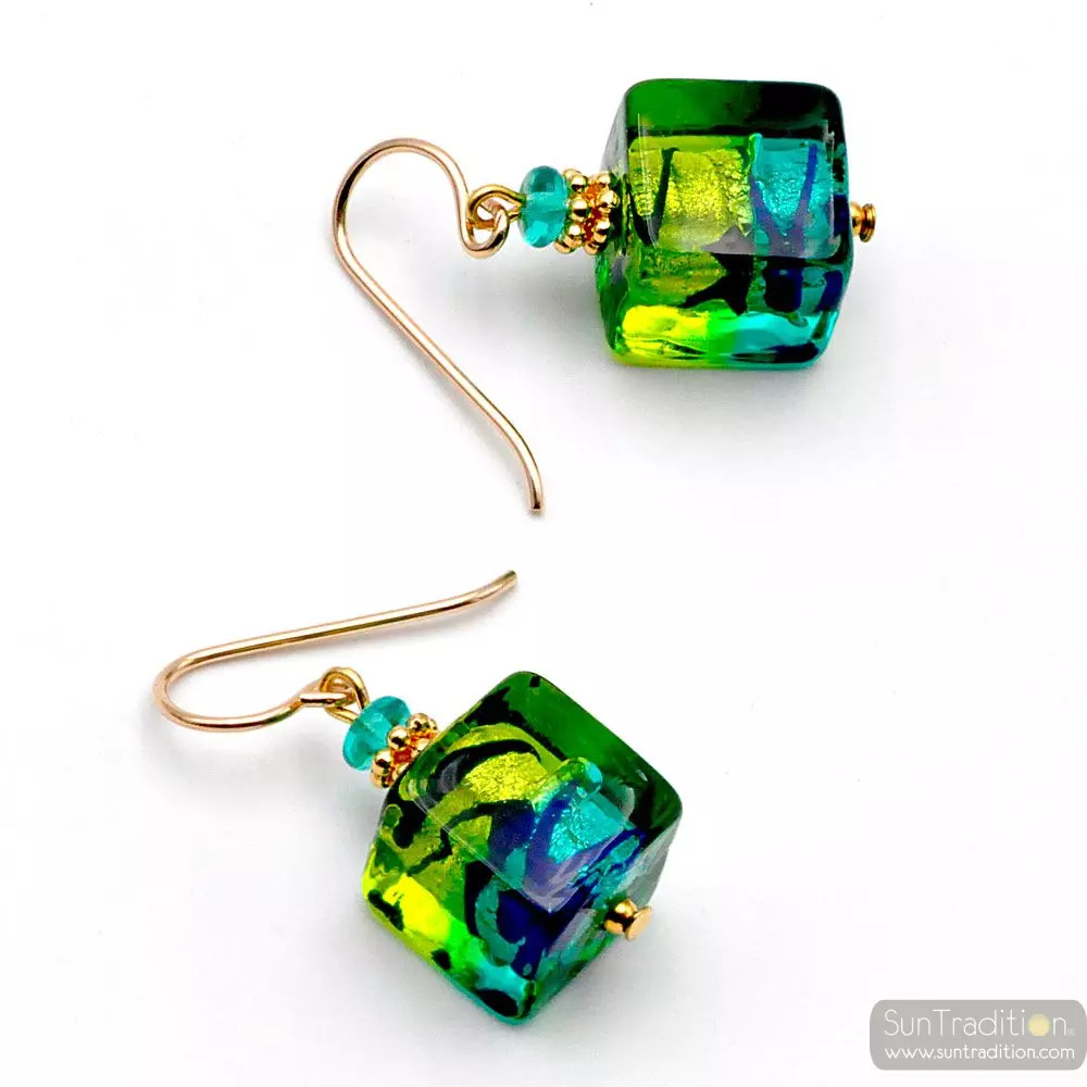 Cube bicolor green - green and blue murano glass earrings cube bicolor