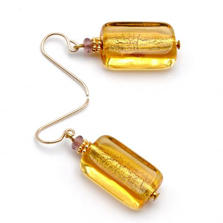Brincos de vidro murano ouro ambar retangulares de veneza