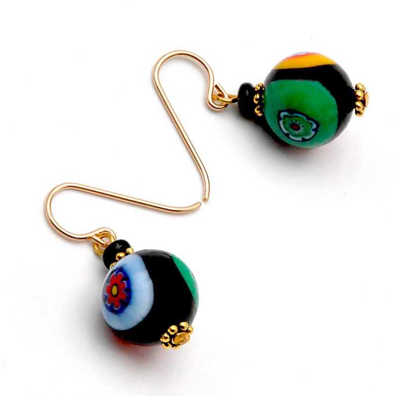 Boucles d'oreilles murrine millefiori noir verre de murano de venise