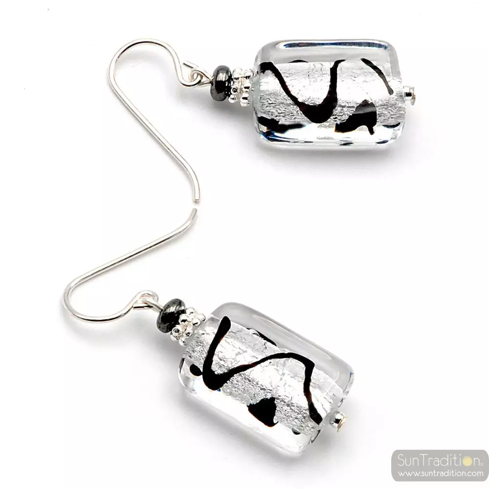 Asteroide silver - earrings black and silver genuine murano glass