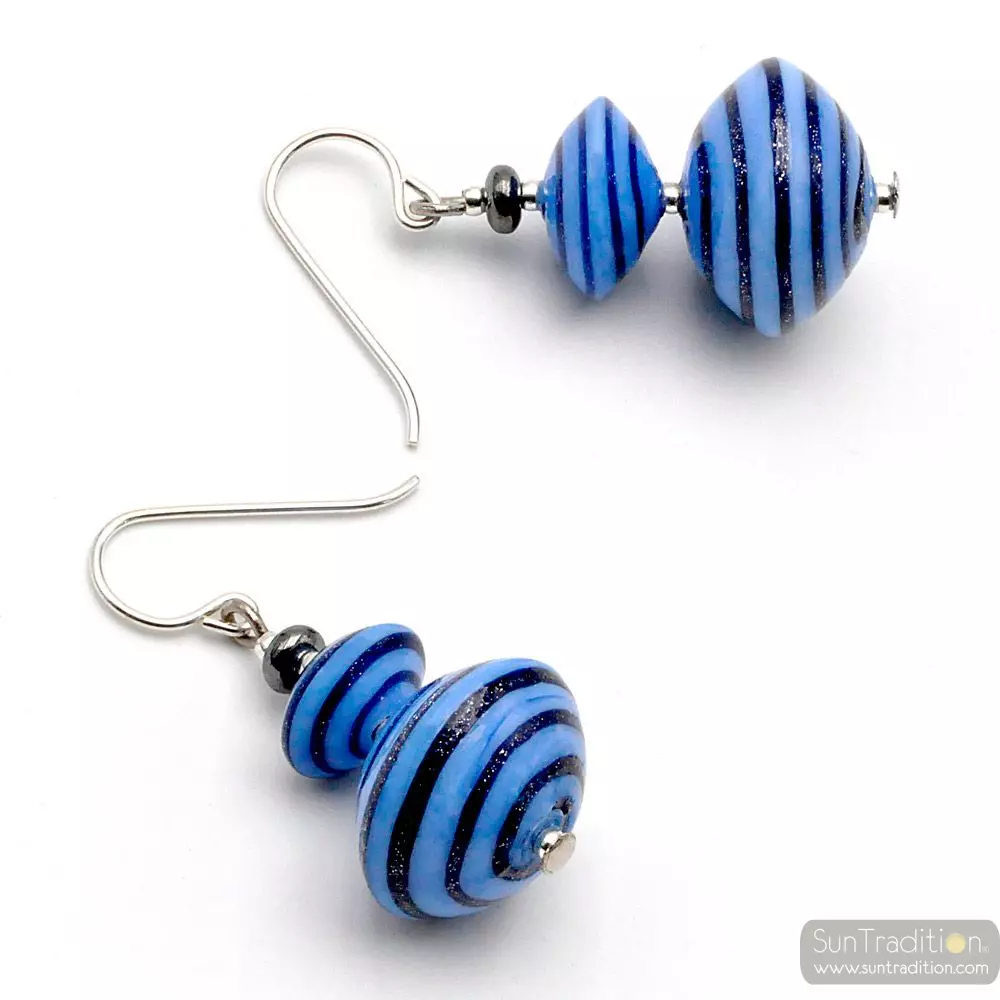 Anelli di saturno blue - blue earrings aventurine blue & silver genuine murano glass of venice