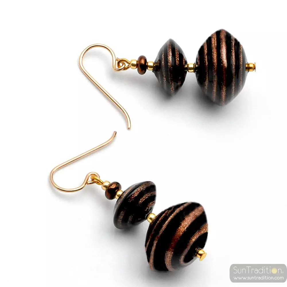Anelli di saturno brown - brown earrings aventurine brown and gold genuine murano glass of venice