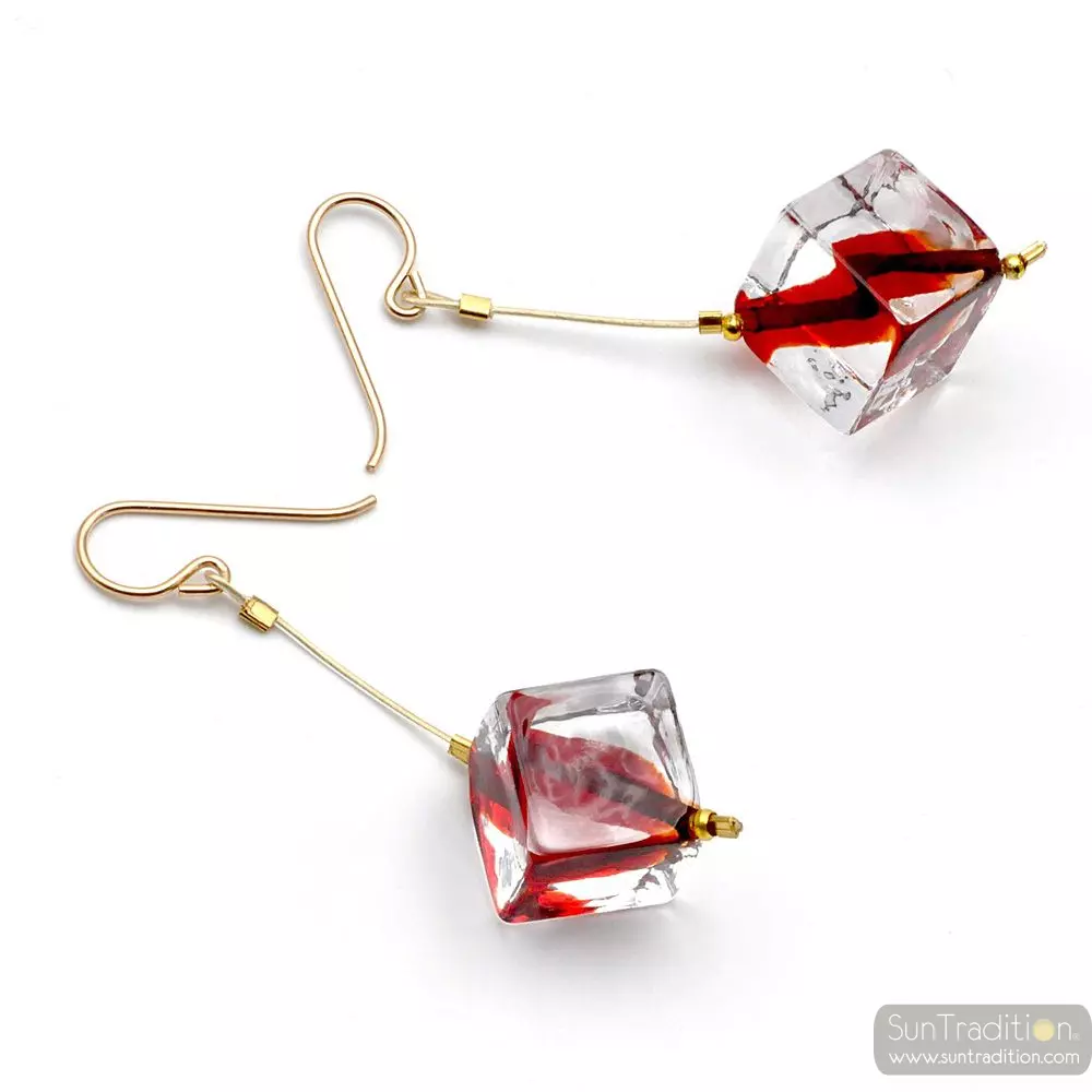 Rumba pendant red - cubic pearls red murano glass drop earrings venitian glass