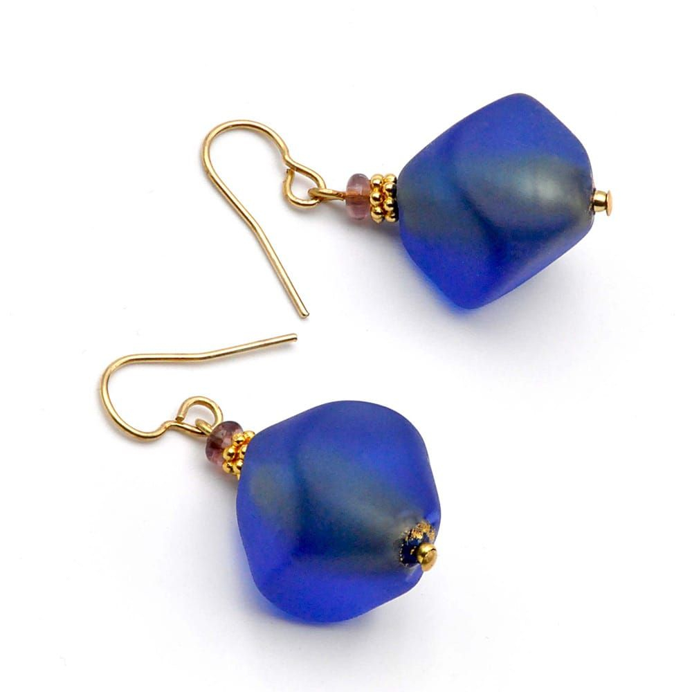 Murano Venetian Glass Blue /& Gold Round Beads Gold Filled French Hook Earrings
