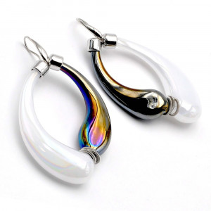 Mio black and pearly - black and pearly murano glass earrings creoles genuine glass of venice