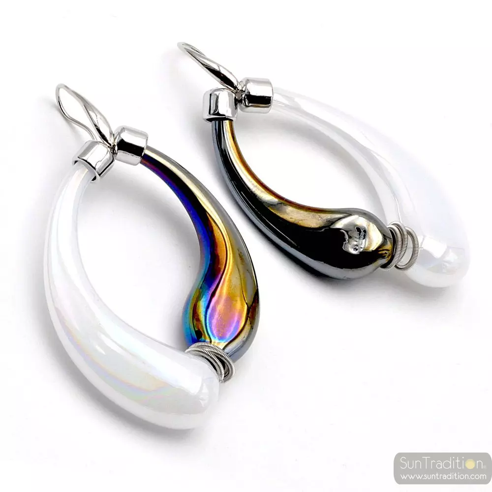 Mio black and pearly - black and pearly murano glass earrings creoles genuine glass of venice