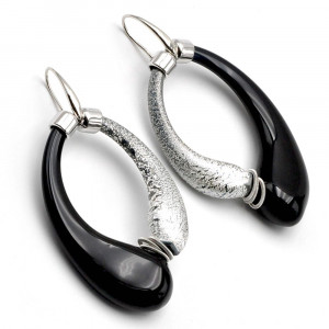 Mio black and old silver - black and silver murano glass earrings creoles genuine glass of venice