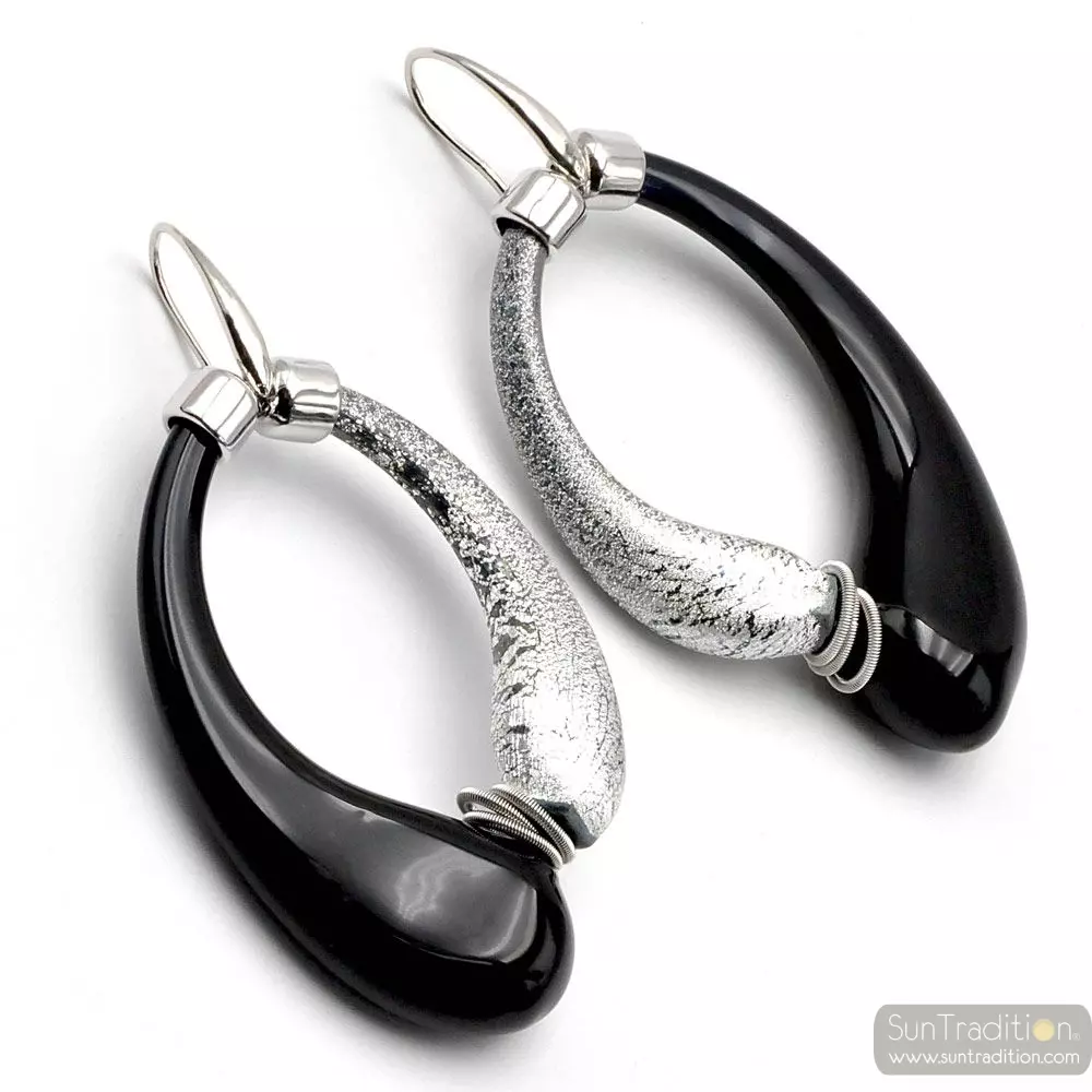 Mio black and old silver - black and silver murano glass earrings creoles genuine glass of venice