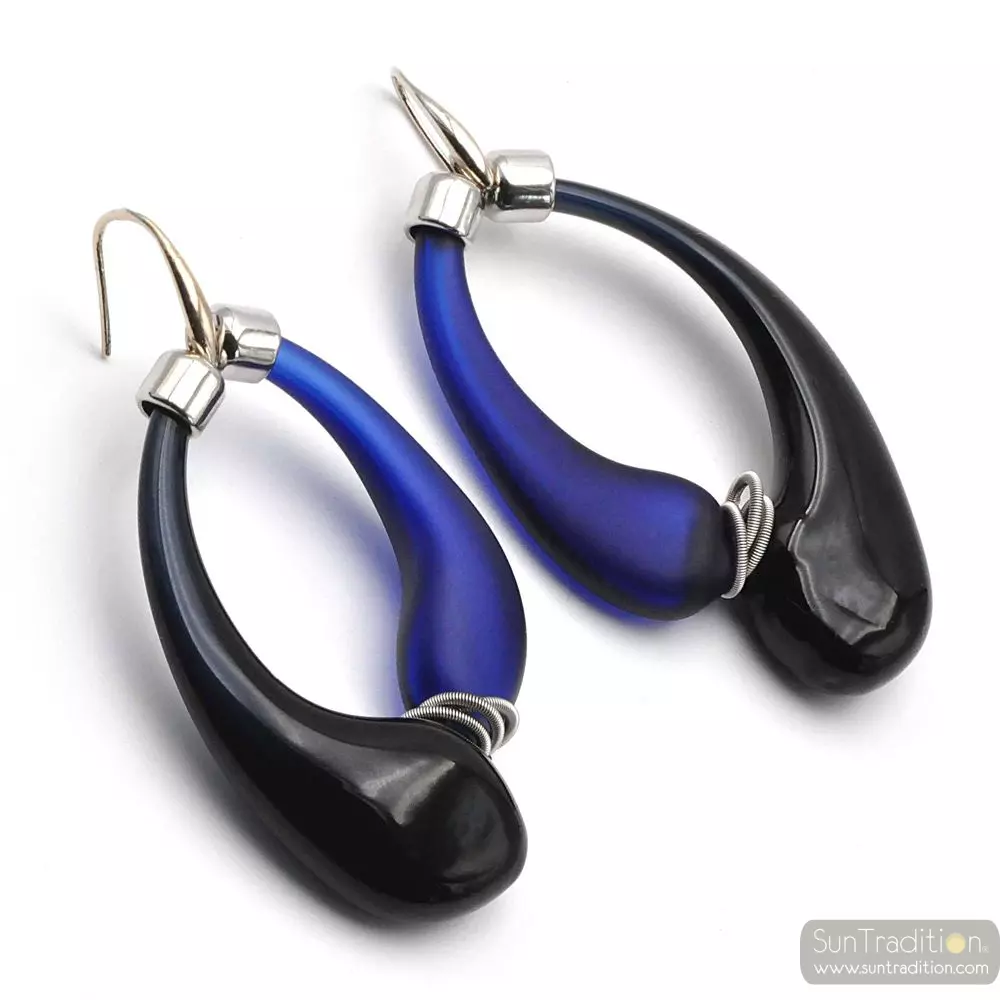 Mio black and blue - blue and black murano glass earrings creoles genuine glass of venice
