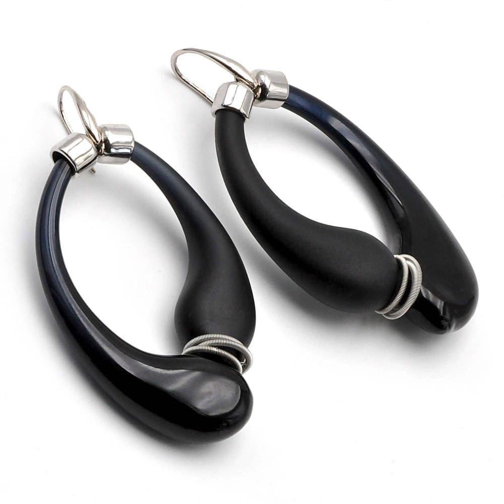 Mio black - black murano glass earrings creoles genuine glass of venice