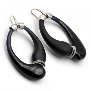 Mio noir et noir satin - boucles d'oreilles creoles noir veritable verre soufflé de murano de venise