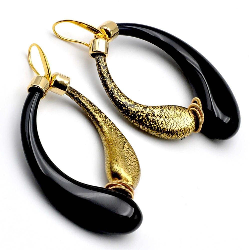 Mio black and old gold - black and gold murano glass earrings creoles genuine glass of venice