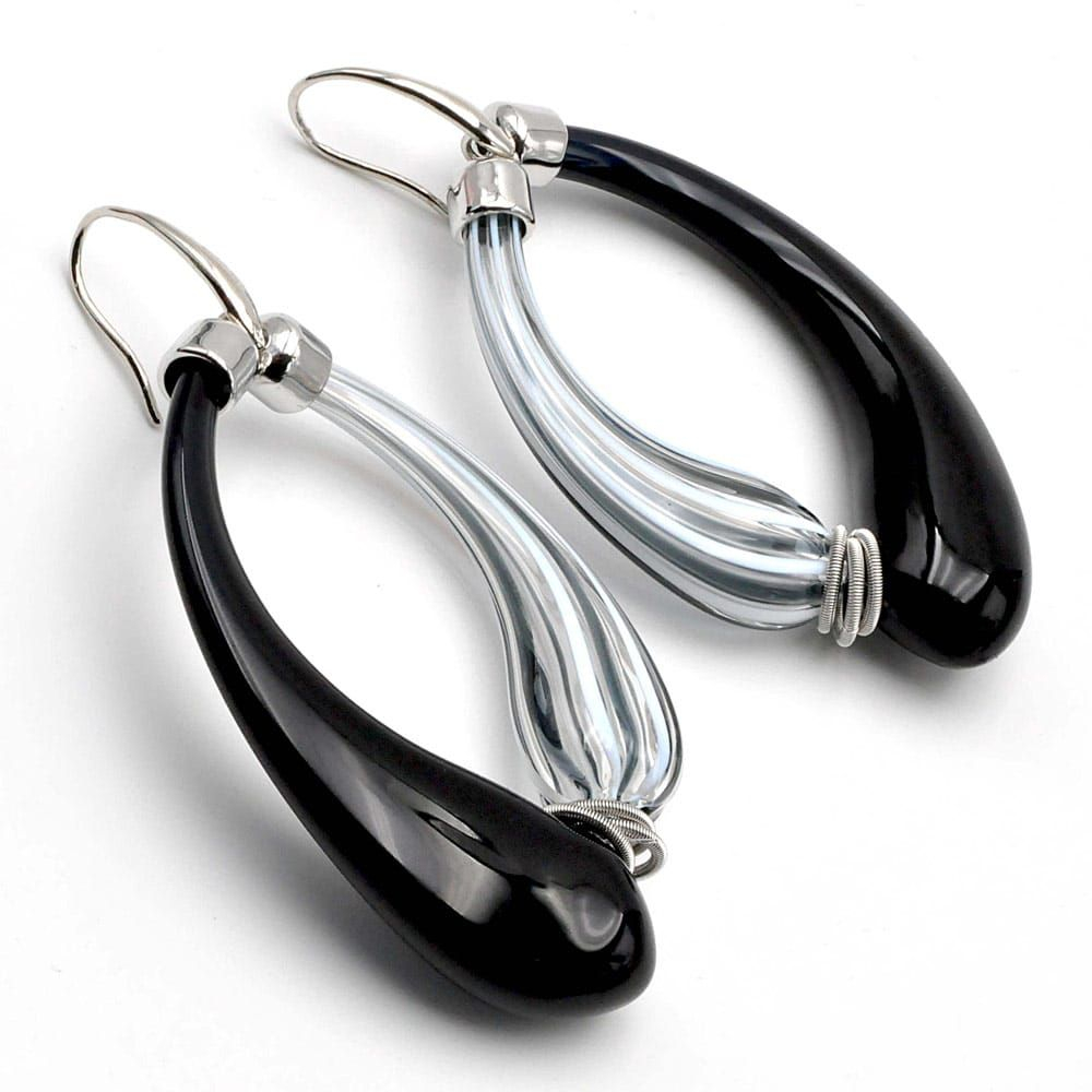 Mio black and white gray stripes - black and white murano glass earrings creoles genuine glass of venice
